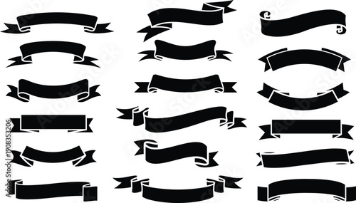 Black ribbon big vector set. Ribbons banner collection. Isolated on a white background. A decorative element for project design, presentation, etc.