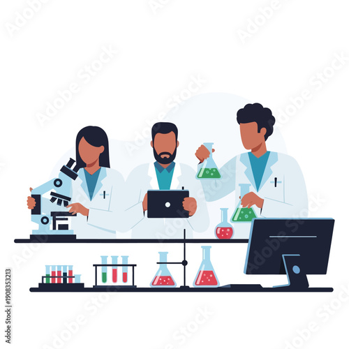 Scientists in Lab Coats Working with Microscopes and Test Tubes
