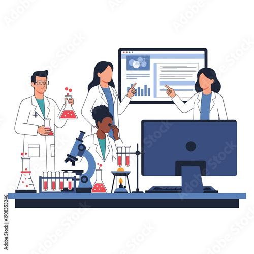 Diverse scientists collaborating in a modern laboratory with advanced technology and research equipment