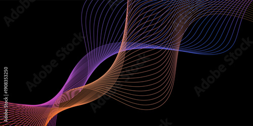 Smooth neon sound wave on black background. Abstract flowing wavy lines design for ai concept, eq equalizer, audio record, voice assistant. Blue pink orange gradient curve stripe wallpaper. Vector
