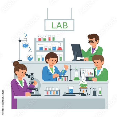 Scientists working in a modern laboratory, conducting experiments with beakers and microscopes.