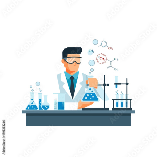 Scientist in Lab Coat Conducting Chemical Experiment with Flasks and Molecules