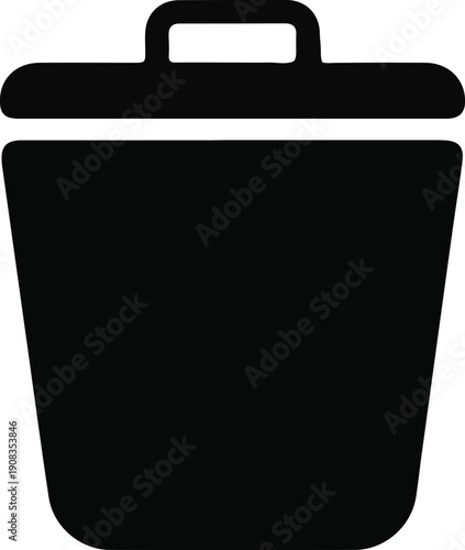 Black Trash Can Icon Silhouette, Simple black trash can icon isolated on white background, representing delete, garbage disposal, and waste management concepts.

