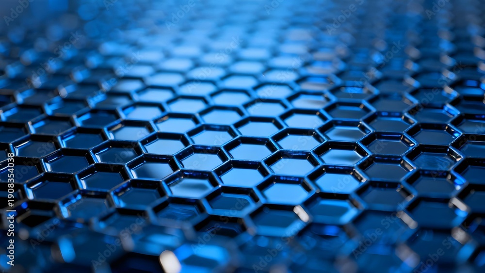Obraz premium Close-up of a blue hexagonal grid pattern with reflective surface and depth effect