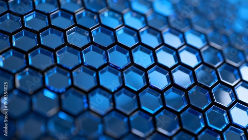 Close-up of a blue hexagonal patterned surface with reflective texture