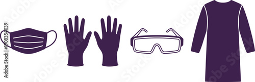 Medical protective equipment icon set with face mask gloves safety goggles and isolation gown flat vector illustration isolated on white background healthcare design