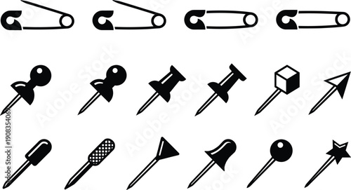 Office fastener and pin silhouette icon set including safety pins, push pins, thumbtacks and map pointers, black flat vector illustrations isolated on white background