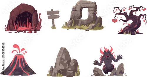 Fantasy environment icons set, dark cave illustration, erupting volcano art, twisted tree graphic, stone archway design, horned monster character asset