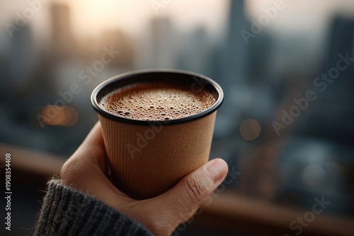 Warm Coffee Cup Against Urban Skyline at Sunrise