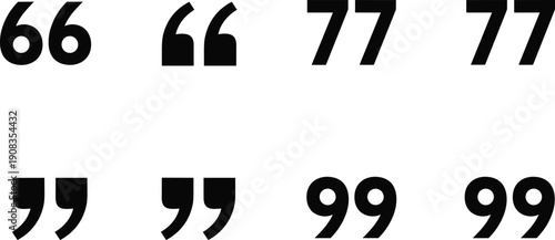 Quotation marks number style punctuation icon set showing opening and closing quotes typographic symbols black flat vector illustration isolated on white background