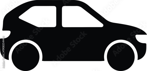 Black Car Silhouette Side View Icon, Simple black silhouette of a compact car in side view, minimalist vehicle icon isolated on white background for transport and automotive concepts.