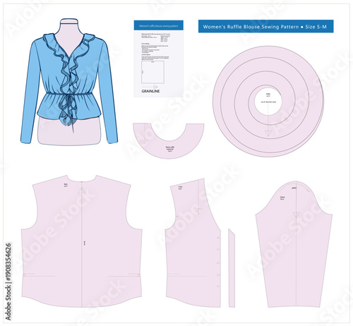 Stylish women long sleeve fitted blouse with ruffles. Featuring V neck and no darts. Sewing pattern includes bodice, sleeve, circular flounces and back. Sizes small and medium.