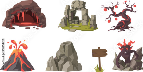 Fantasy environment illustration set, dark adventure icons, lava cave, volcano eruption, twisted tree, stone ruins, demonic statue concept art