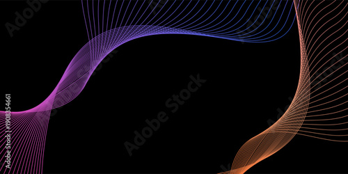 Smooth neon sound wave on black background. Abstract flowing wavy lines design for ai concept, eq equalizer, audio record, voice assistant. Blue pink orange gradient curve stripe wallpaper. Vector