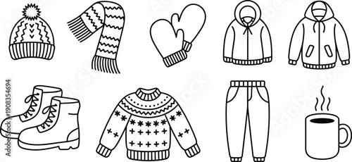 Winter clothing icons set with hat scarf mittens sweater jacket boots pants hot drink cozy seasonal apparel illustration