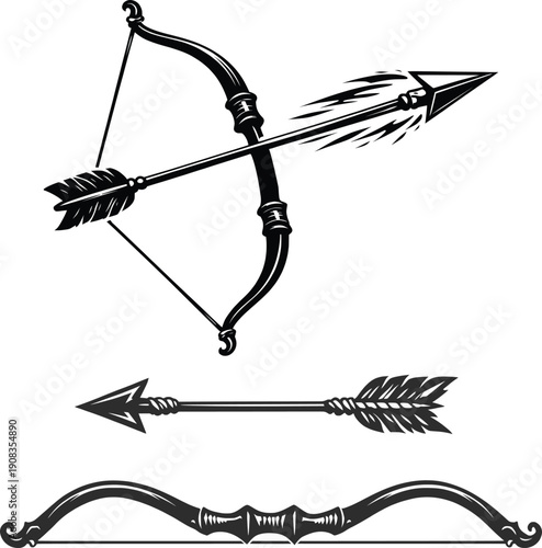 Black and White Archery Bow and Arrow Vector Silhouette Illustration.