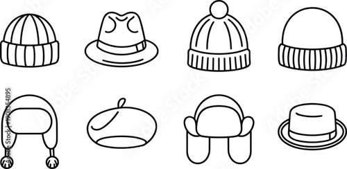 Winter hats icons collection with beanie beret ushanka fedora knitted caps cold weather headwear line art illustration set