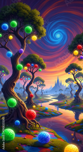 Enchanted Wonderland: Whimsical Landscape with Glowing Orb Trees and Swirling Cosmic Sky