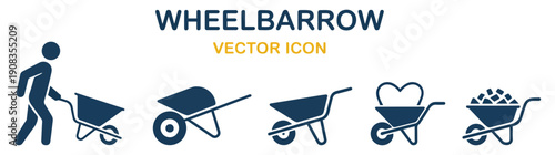 wheelbarrow gardening tool icon set