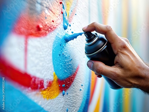Hand spraying colorful paint on wall creating street art. Creative process and urban graffiti culture concept. Generative AI.