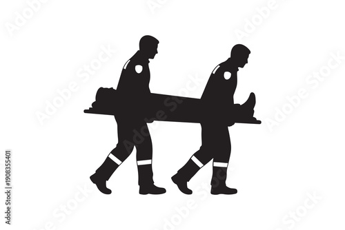 Silhouette of paramedics carrying a patient on a stretcher - Emergency medical technicians transporting injured person
