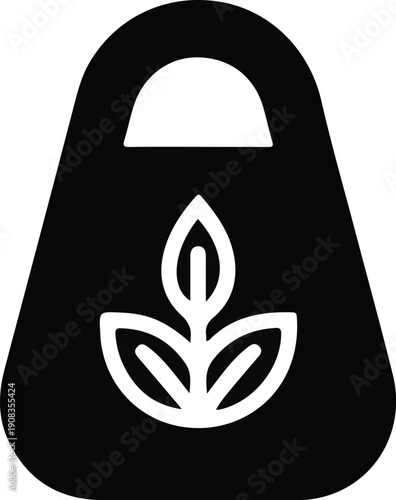 Eco Shopping Bag Icon with Leaf Symbol, Black reusable shopping bag silhouette with leaf symbol, representing eco friendly products, sustainable retail, green packaging, and environmentally conscious
