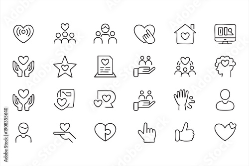 Nonprofit outline icons, compassion, empathy, help and social care graphics