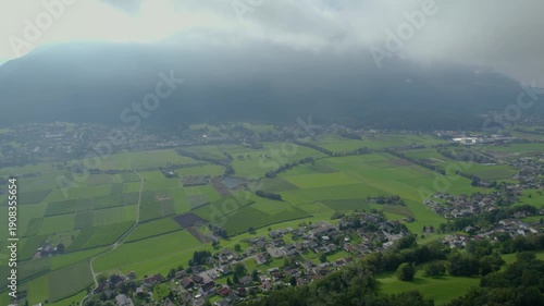 Aerial view around the mountains in Liechtenstein on a cloudy summer morning
