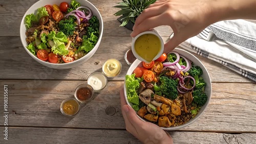 Vibrant Healthy Salad Bowls Being Prepared on Rustic Wooden Table.