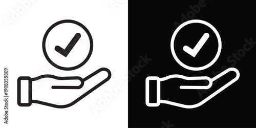 Approval and verification icon with a checkmark in a circle held by a hand. Vector symbol representing confirmation, quality assurance, success, and completed tasks.