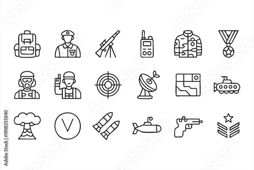 Army and defense outline icons, tank, submarine, communication graphics