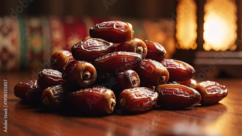Pyramid of Dates On Warm Wooden Table.