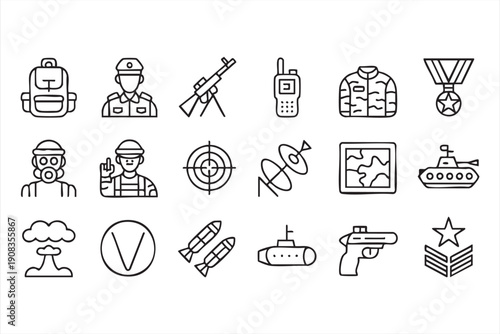 Defense and warfare outline pack, uniform, medal, rocket, target