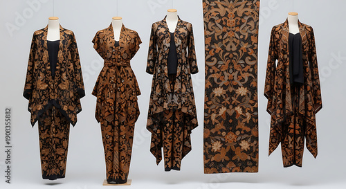 Luxurious brown patterned clothing ensemble on mannequins with flowing fabric details