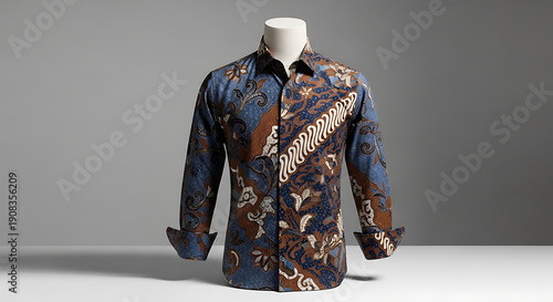 Mannequin displaying long sleeve shirt with floral pattern and diagonal sash
