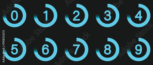 Number 0-9 icons. set of retro countdown 0 to 9. digital numbers with speed circle in black background. Vector illustration. 
