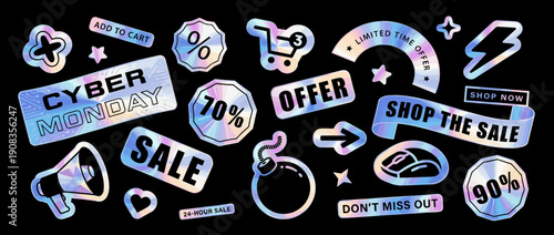 Cyber Monday holographic sticker set with sale text and icons isolated on black background Vector iridescent foil promotion labels for e-commerce discount
