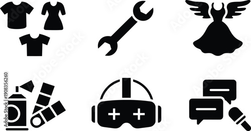 Fashion clothing icons, mechanical tool symbol, angel figure illustration, graffiti spray art design, virtual reality headset graphic, communication media icons set