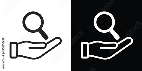 Search and discovery icon with a magnifying glass hovering over an open hand. Professional vector symbol for analysis, investigation, research, and finding solutions.