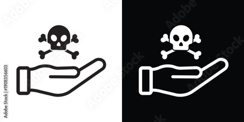 Poison or danger warning icon featuring a skull and crossbones floating over a cupped hand. Minimalist black and white vector symbol for toxic substances, risk, or mortality.