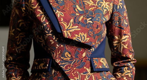 Woman wearing a stylish patterned blazer and blue shoulder bag