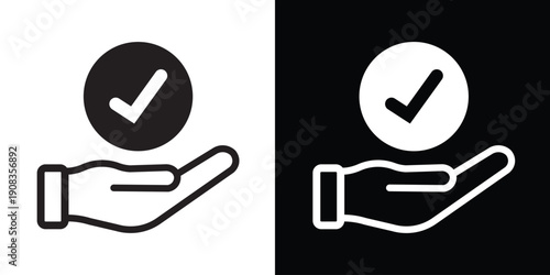 Approval and verification icon with a checkmark in a circle held by a hand. Vector symbol representing confirmation, quality assurance, success, and completed tasks.