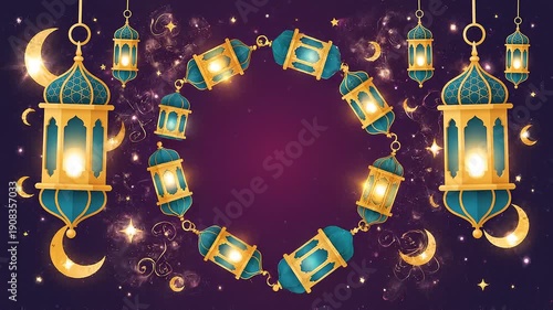 Ramadan Lantern Ring Frame with Floating Lanterns and Crescent Moons.