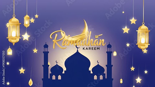 Ramadan lanterns and mosque silhouette celebration visuals.