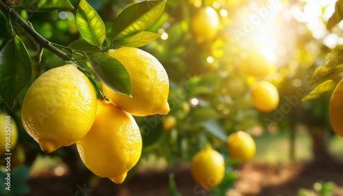 ripe sweet juicy lemons on the tree close up lemon harvest in a fruit garden with sunlight in the background ripe sweet juicy lemons