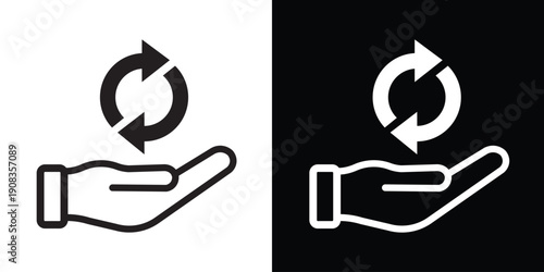 Minimalist hand holding a refresh or sync symbol with circular arrows. Represents updates, recycling, and continuous processing in a clean black and white vector style.