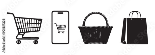 Shopping cart icon set with basket for online shopping e-commerce apps websites and digital store design