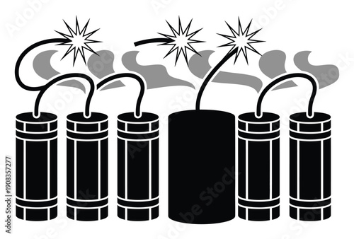 A row of lit dynamite sticks with smoke and sparks, ready to explode