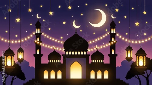 Ramadan Night Mosque Lanterns Crescent Stars Scene.