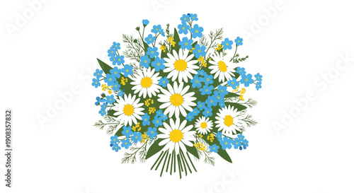 A vibrant bouquet features delicate forget me nots and cheerful daisies creating a fresh and colorful floral arrangement high quality